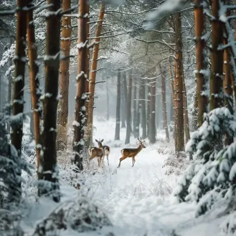 Aerial view of snowy forest with deer in winter - Image 4