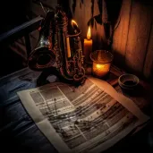 Classic saxophone on sheet music in a dimly lit jazz club - Image 1