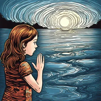 Image of a young girl touching a mirror-like lake surface with prophetic ripples - Image 3