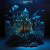 Underwater city glowing with bioluminescent light in deep darkness - Image 1