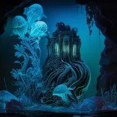 Underwater city glowing with bioluminescent light in deep darkness - Image 4