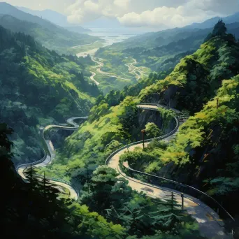 Overhead view of a winding mountain road with hairpin bends, surrounded by lush greenery - Image 1