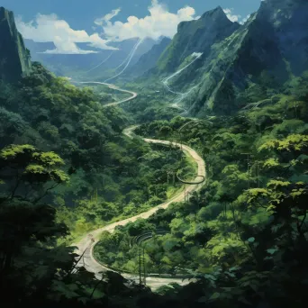 Overhead view of a winding mountain road with hairpin bends, surrounded by lush greenery - Image 2