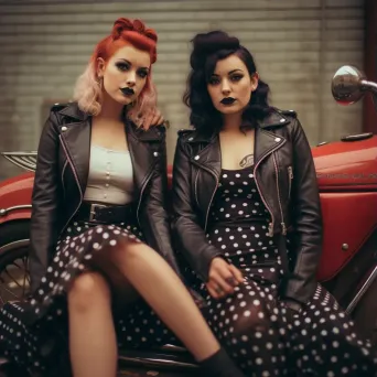 1950s rockabilly fashion polka dot dresses and leather jackets - Image 3