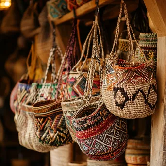 Assorted woven baskets displayed on wooden rack - Image 1