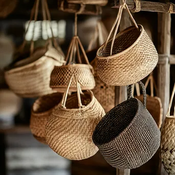 Assorted woven baskets displayed on wooden rack - Image 3