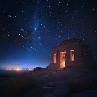 Shooting stars over ancient desert ruins illuminated by lantern light. - Image 2