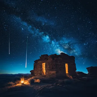 Shooting stars over ancient desert ruins illuminated by lantern light. - Image 3