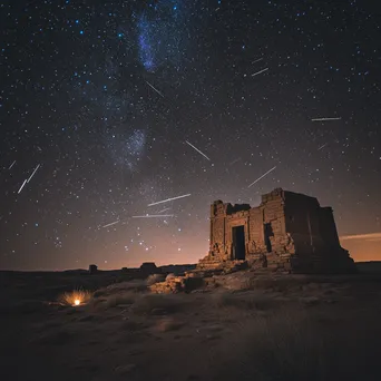 Shooting stars over ancient desert ruins illuminated by lantern light. - Image 4