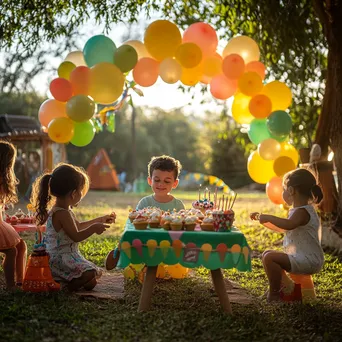 Children celebrating outdoors under a balloon arch during a birthday party. - Image 1