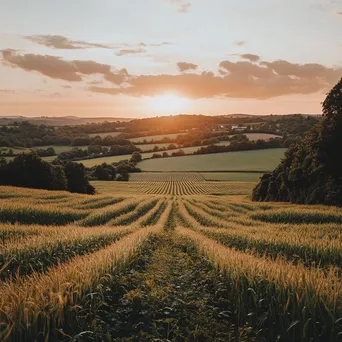 Organic farm field during sunset with crops stretching towards the horizon. - Image 2