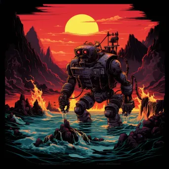 Robotic deep-sea exploration of a glowing volcano in pixel-art style - Image 2