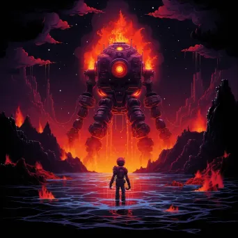 Robotic deep-sea exploration of a glowing volcano in pixel-art style - Image 3