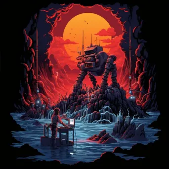 Robotic deep-sea exploration of a glowing volcano in pixel-art style - Image 4