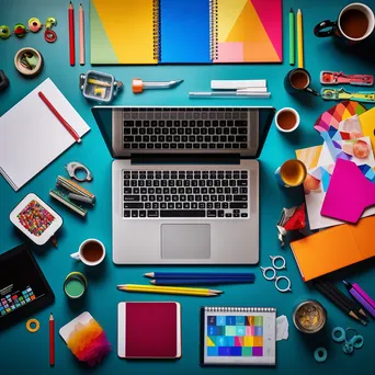 Vibrant desk with assorted office supplies and a tablet arranged harmoniously - Image 2