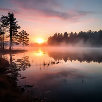 Misty lake reflecting fog and sunrise colors - Image 1