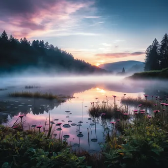 Misty lake reflecting fog and sunrise colors - Image 2