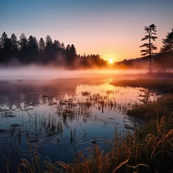 Misty lake reflecting fog and sunrise colors - Image 4