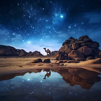 Lone desert camel silhouetted against a starry night sky. - Image 1