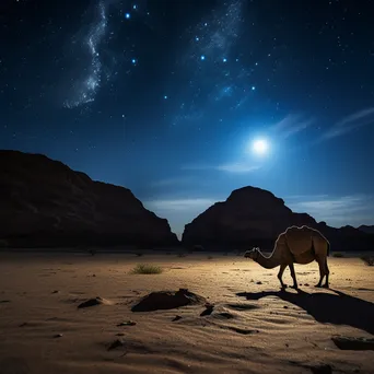 Lone desert camel silhouetted against a starry night sky. - Image 2