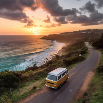 Silhouette of a retro van against a vibrant sunset over the ocean - Image 3