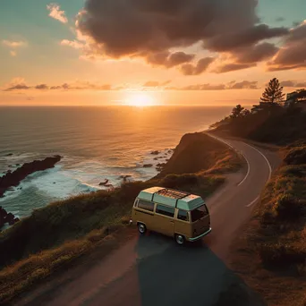 Silhouette of a retro van against a vibrant sunset over the ocean - Image 4