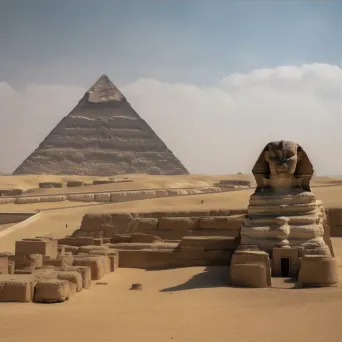 Great Sphinx of Giza with pyramids in the background and desert sands - Image 3