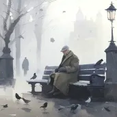 Elderly man sitting alone on a park bench, feeding pigeons in the early morning fog - Image 4