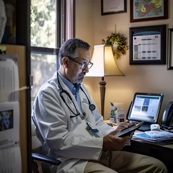 Doctor using tablet in clinic for patient records - Image 1