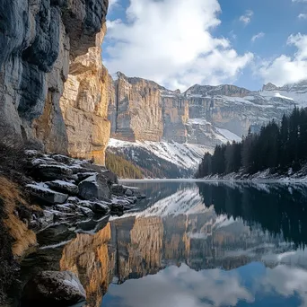 Snow-capped mountain rock faces reflected in a clear alpine lake. - Image 1