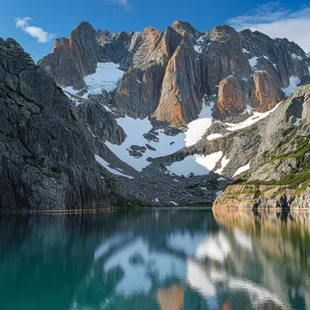 Snow-capped mountain rock faces reflected in a clear alpine lake. - Image 2