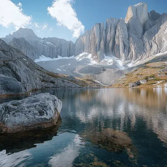 Snow-capped mountain rock faces reflected in a clear alpine lake. - Image 3