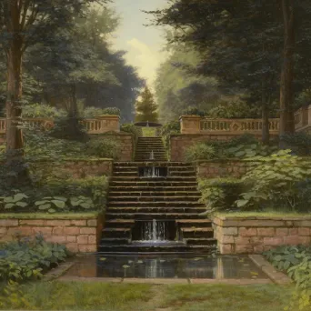 Sunken garden with water fountain and lush greenery - Image 1