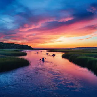 Kayakers paddling in coastal estuary at sunset - Image 3