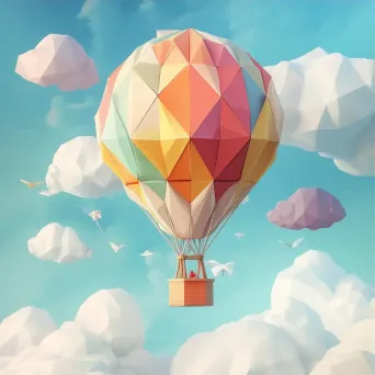 Low poly depiction of a whimsical hot air balloon journey over a vibrant landscape - Image 3