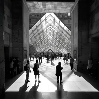 Louvre Museum with glass pyramid entrance and people in the courtyard - Image 4