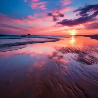 Long exposure photo of a coastal sunset with smooth water and reflective sand - Image 1