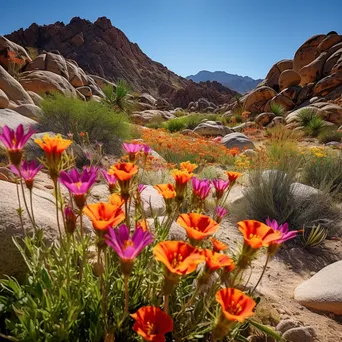 Vibrant desert spring surrounded by mountains and flowers - Image 1