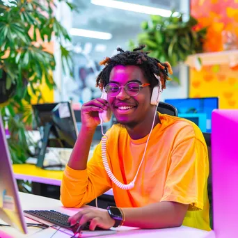 Male customer support representative on the phone in a colorful office - Image 3