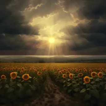 Ray of sunlight breaking through dark clouds onto sunflower field - Image 4