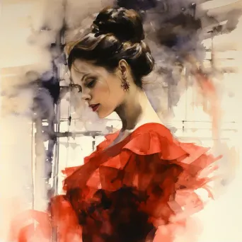 Watercolor of an enigmatic lady in red in a shadowy ballroom - Image 2