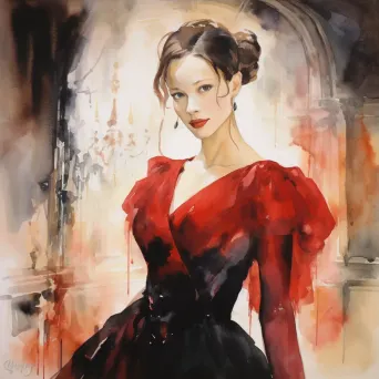 Watercolor of an enigmatic lady in red in a shadowy ballroom - Image 3