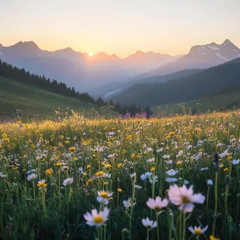 Dewy wildflowers in an alpine meadow at sunrise - Image 1