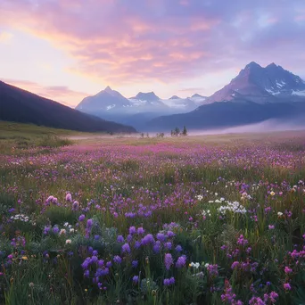 Dewy wildflowers in an alpine meadow at sunrise - Image 2