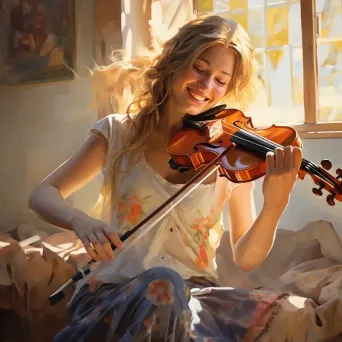 Teenage girl with braces playing the violin in a sunlit room - Image 2