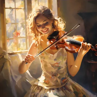 Teenage girl with braces playing the violin in a sunlit room - Image 4