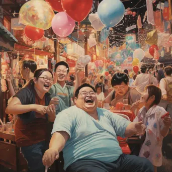 Tall heavyset man laughing with friends at a lively night market - Image 1