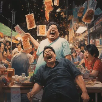 Tall heavyset man laughing with friends at a lively night market - Image 2