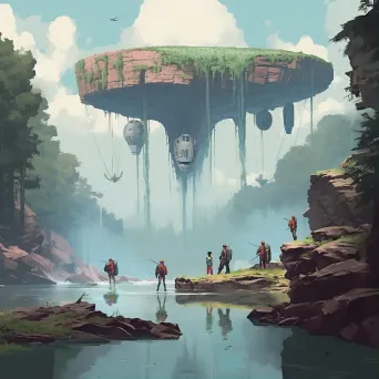 Adventurers journeying through whimsical, magical land with floating islands - Image 1