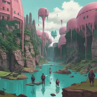 Adventurers Journeying Through Whimsical, Magical Land with Floating Islands